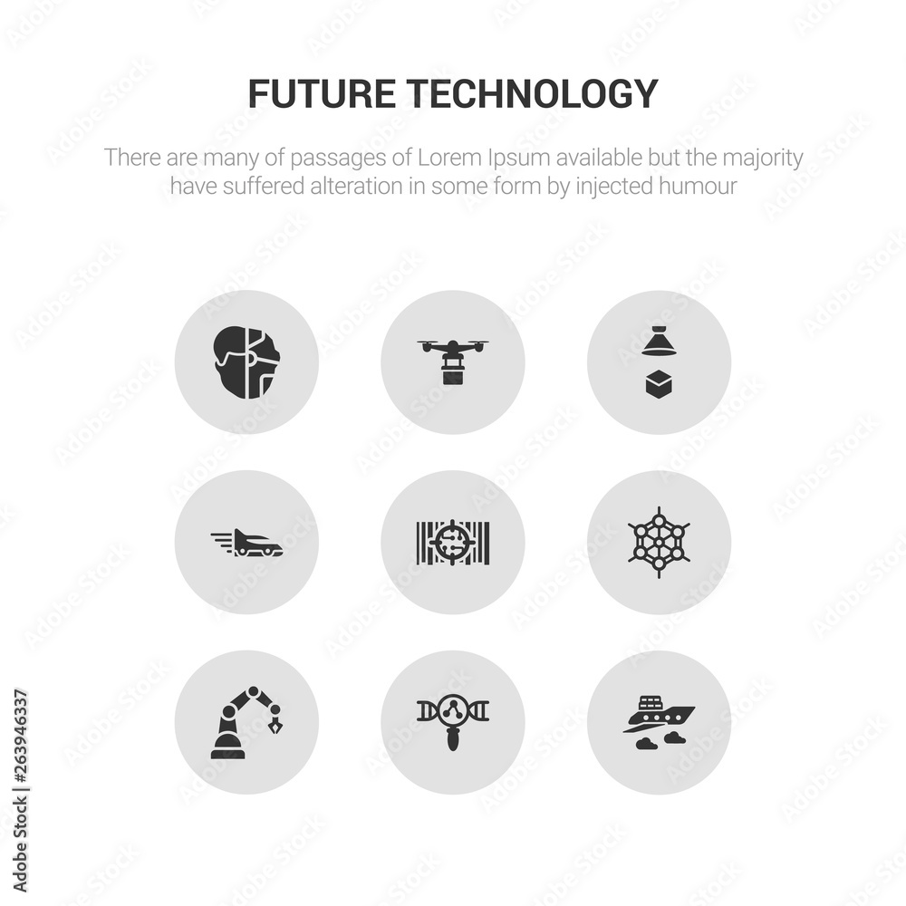 Φωτογραφία 9 round vector icons such as fyling vehicle, genetic modification, industrial robot, graphene, high capacity color barcode contains high speed tube, hologram, hover transport, humanoid