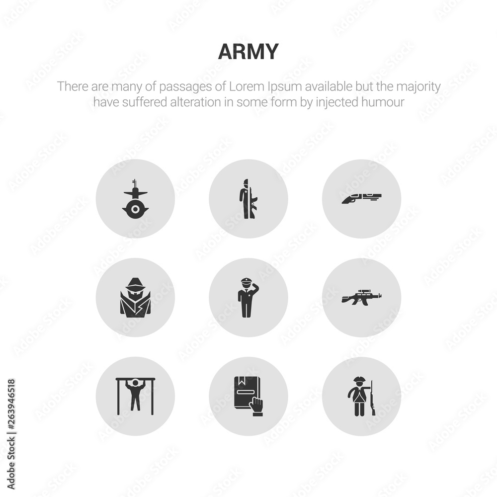 9 round vector icons such as patriot, pledge, pull up, rifle, salute contains secret agent, shotgun, soldiers and a weapon, submarine front view. patriot, pledge, icon3_, gray army icons