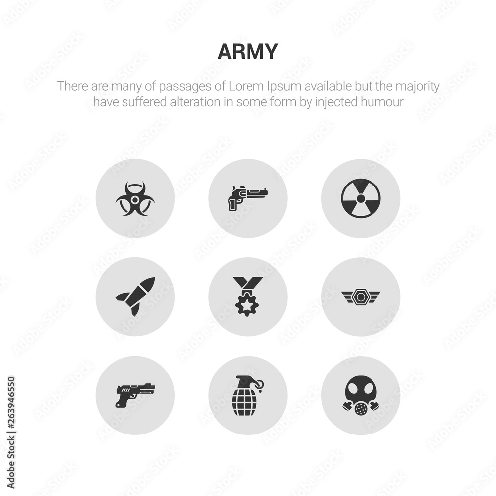 9 round vector icons such as gas mask, grenade, gun, in, medal contains missile, nuclear, pistol, radiation. gas mask, grenade, icon3_, gray army icons