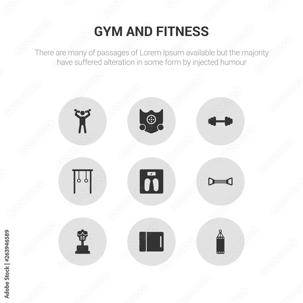 9 round vector icons such as boxing bag, yoga mat, boxing mannequin, chest expander, diet contains gymnastic rings, dumbbell, elevation mask, exercise. boxing bag, yoga mat, icon3_, gray gym and