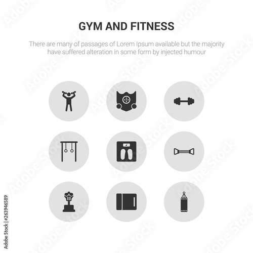 9 round vector icons such as boxing bag, yoga mat, boxing mannequin, chest expander, diet contains gymnastic rings, dumbbell, elevation mask, exercise. boxing bag, yoga mat, icon3_, gray gym and