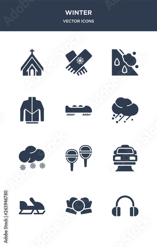 12 winter vector icons such as earmuffs, snow ball, snowmobile, snowplow, snowshoes contains snowy, hail, bobsled, winter clothes, avalanche, stall icons