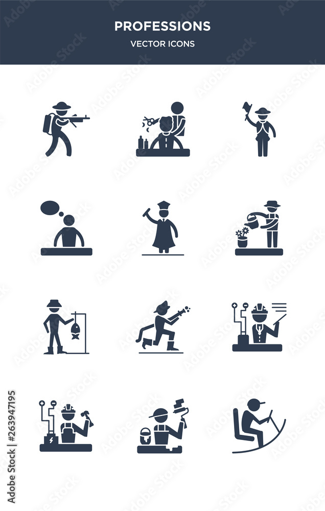 12 professions vector icons such as driver, dyer, electrician, engineer, firefighter contains fisherman, florist, graduated, graphic de, guide, hairdresser icons 12 professions vector icons such as driver, dyer, electrician, engineer, firefighter contains fisherman, florist, graduated, graphic de, guide, hairdresser icons