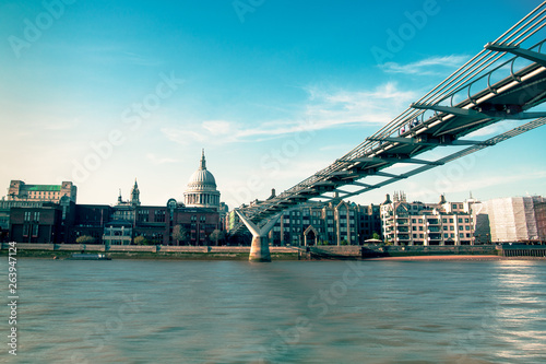 View of millennium bridge and St Paul Cathedral on river Thame london.