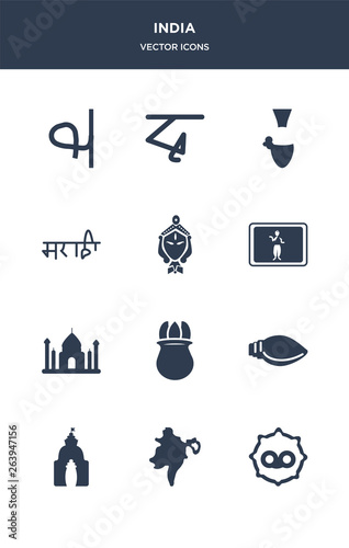 12 india vector icons such as telugu language, assam, odisha, biju janata dal, ugadi contains uttar pradesh, bollywood, durga puja, marathi language, yakshagana, bengali language icons