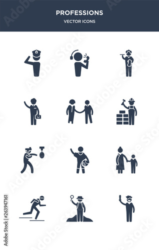 12 professions vector icons such as actor, archeologist, athlete, baby sitter, basketball player contains boxer, builder, hr specialist, businessman, butler, callcenter icons