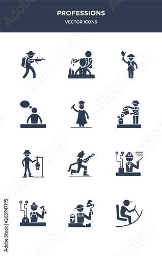 12 professions vector icons such as driver, dyer, electrician, engineer, firefighter contains fisherman, florist, graduated, graphic de, guide, hairdresser icons