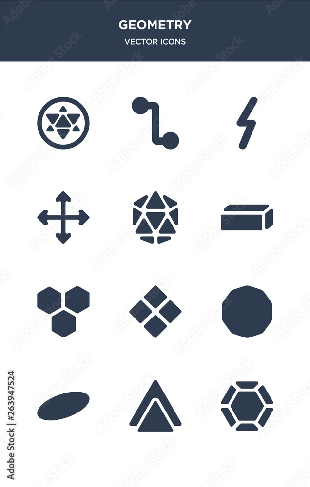 12 geometry vector icons such as dodecahedron, double hexagon of small triangles, ellipse, ennegon, geometry contains hexagon, hexahedron, icosahedron, intersection, lightning bolt polygonal, line