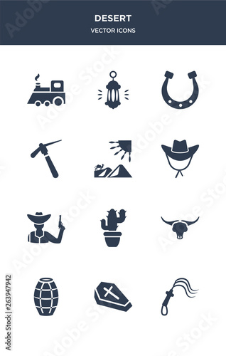12 desert vector icons such as whip, wooden coffin, barrel, bull skull, cactus contains cowboy, cowboy hat, desert, hoe, horseshoe, lantern icons