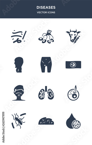 12 diseases vector icons such as lead poisoning, legionellosis, leishmaniasis, leprosy, leptospirosis contains leukemia, lice, limbtoosa, listeriosis, loiasis, lung cancer icons