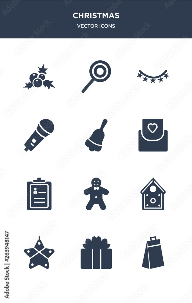12 christmas vector icons such as gift, gift box, gingerbread, gingerbread house, gingerbread man contains guest list, invitation, jingle bell, karaoke, lights, lollipop icons