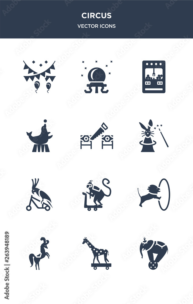 Naklejka premium 12 circus vector icons such as circus elephant, circus giraffe, horse, lion, monkey contains parrot, rabbit, sawing, seal, claw machine, crystal ball icons