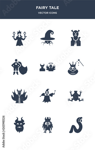 12 fairy tale vector icons such as rapunzel, dwarf, beast, toad, fairy godmother contains myth, enchantment, antagonist, hero, ogre, wicked icons