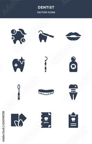 12 dentist vector icons such as medical prescription, medical record, mint gum, molar crown, mouth contains mouth mirror, mouth wash, periodontal scaler, shiny tooth, smiling, teeth icons