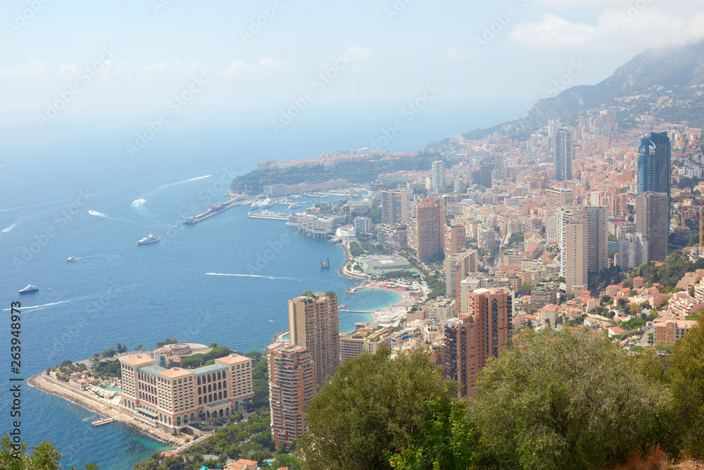 Monte Carlo, high angle city and coast view with mist in a sunny summer morning in Monaco