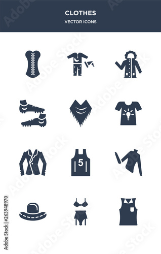 12 clothes vector icons such as sleeveless shirt, lingerie, bowler hat, turtleneck, basketball jersey contains blazer, t-shirt, shawl, soccer shoe, parka, pijama icons