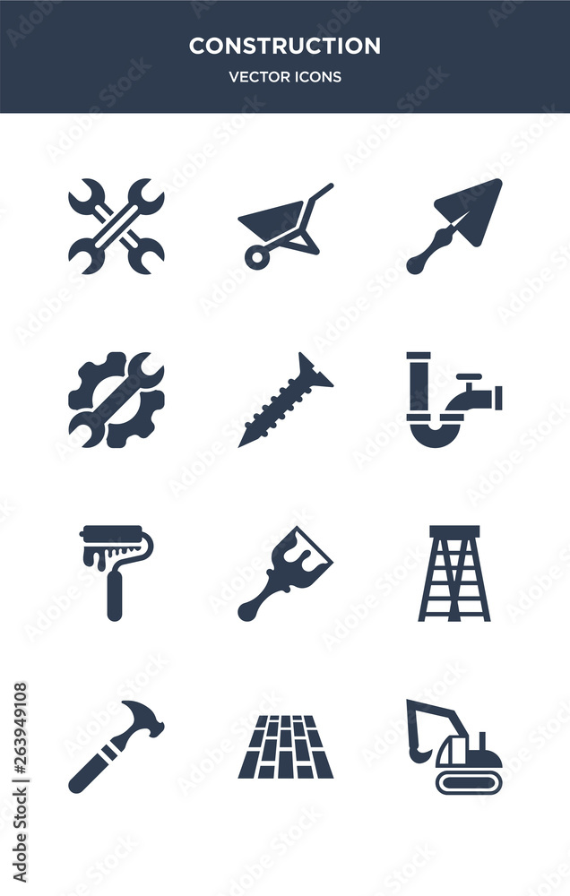 12 construction vector icons such as excavator, floor, hammer, ladder, paint brush contains paint roller, pipe, screw, tools, trowel, wheelbarrow icons