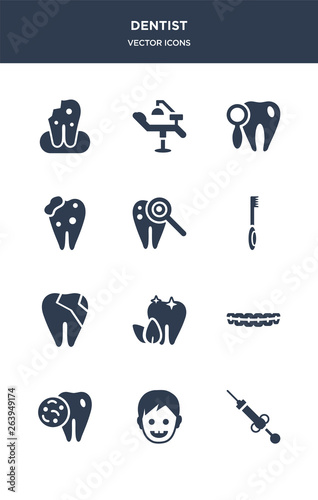 12 dentist vector icons such as anesthesia, baby dental, bacteria in mouth, braces, breath contains broken tooth, brushing teeth, caries, cavities, check up, clinic icons