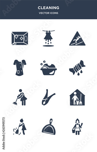 12 cleaning vector icons such as charwoman, dust pan, sweep, housekeeping, clothes peg contains sweeping, squeeze, washing clothes, cleaner uniform, slippery, soak icons