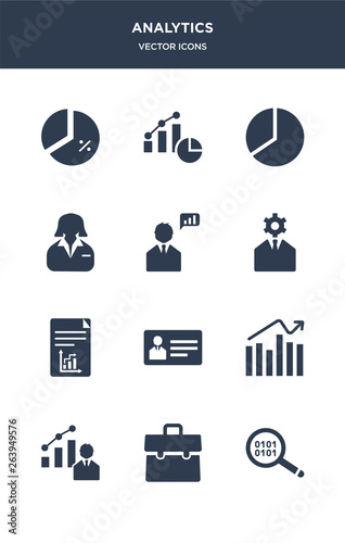 12 analytics vector icons such as binary data search, briefcase, business, business analytics graphics, business card contains plan, skills, businessman analysis, businesswoman, chart pie, charts