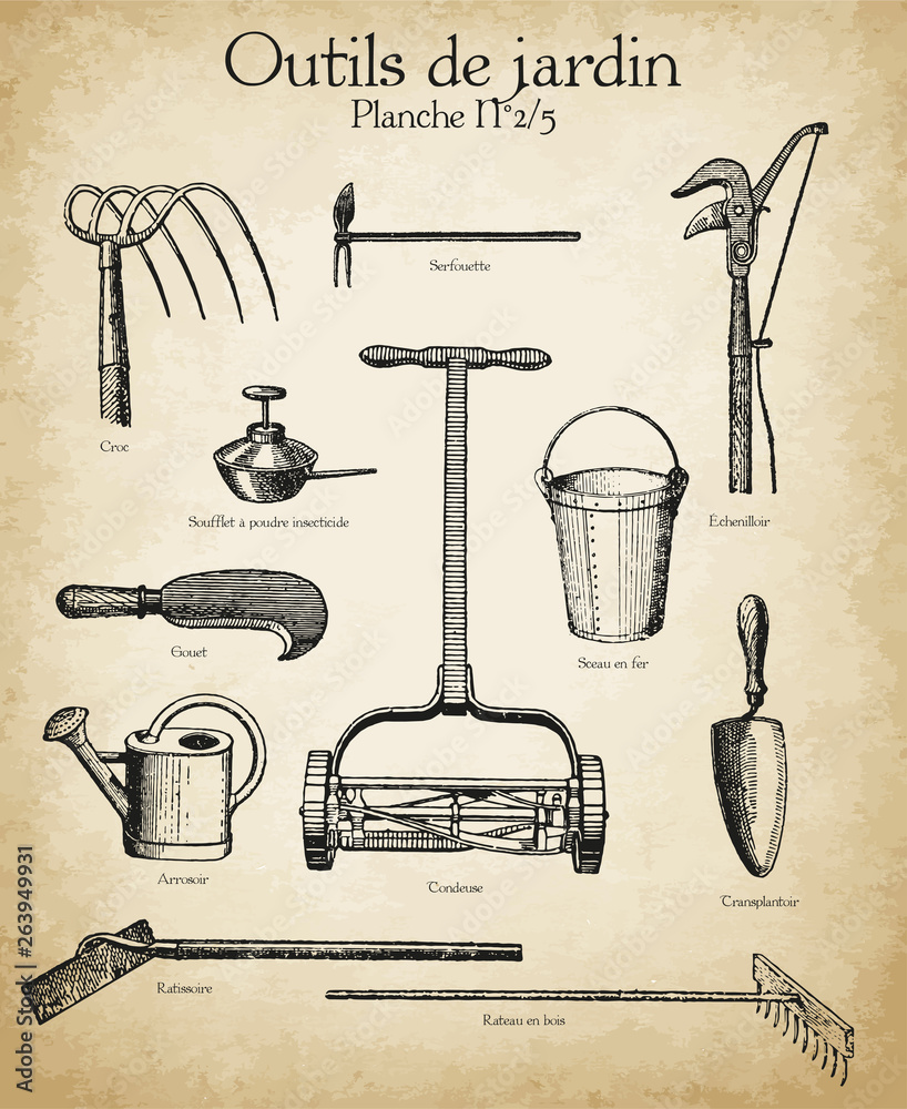 Gravures anciennes outils de jardin et horticulture N°2/5 Stock Vector |  Adobe Stock