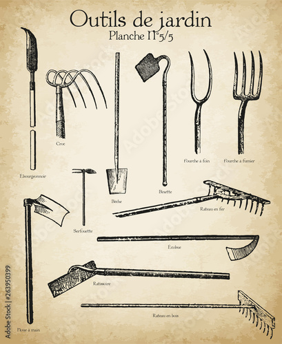 Gravures anciennes outils de jardin et horticulture N°5/5