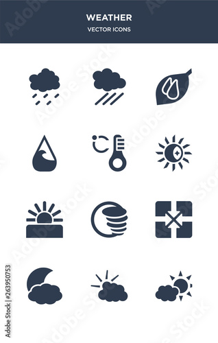 12 weather vector icons such as clouds and sun, cloudy day, cloudy night, convergence, cyclone contains dawn, daytime, degree, deluge, dew, downpour icons