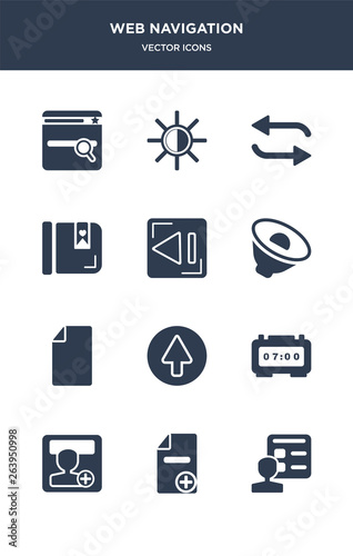 12 web navigation vector icons such as account, add, add user, alarm clock, arrow contains attachment, audio, back, bookmark, repeat, brightness icons