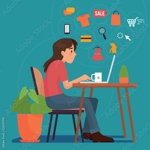 vector illustration of a girl in front oh her laptop. Girl shopping online in e commerce or online shop