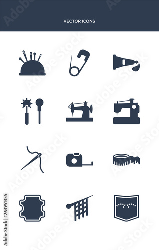 12 sew vector icons such as jeans pocket, knit, leather, measurement, measuring tape contains needle, new sewing machine, old sewing machine, overstitch, paint tube, pin icons