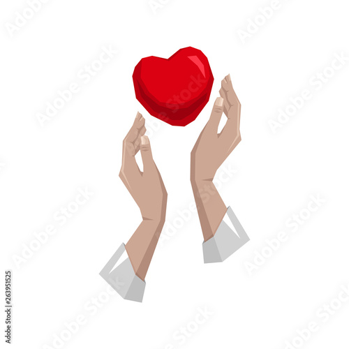 Heart in hand symbol, sign, icon, logo template for charity, health, voluntary, non profit organization, isolated on white background, vector illustration