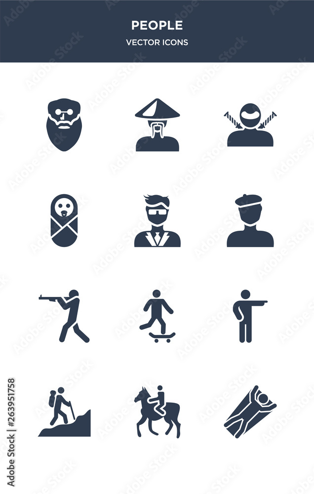 12 people vector icons such as man flying, man horseriding, man in hike, pointing, riding skateboarding contains shooting, with beret, manager face, newborn, ninja face, old chinese icons