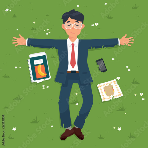 vector illustration man worker lying on a grass. worker lay down on grass in a park. worker take a break from work