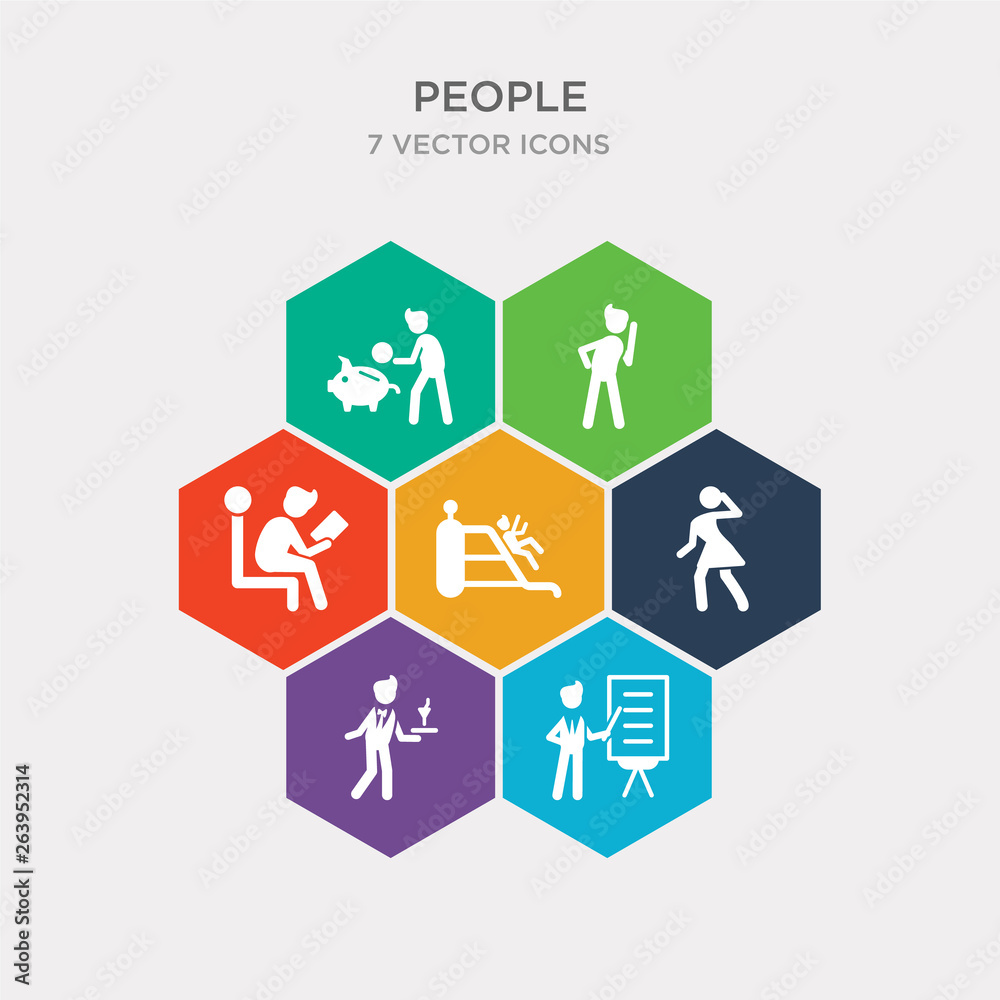 simple set of school teacher, waiter serving a drink on a tray, girl dancing, childs playing in playgrpound icons, contains such as icons man sitting and reading book, person listening, man saving