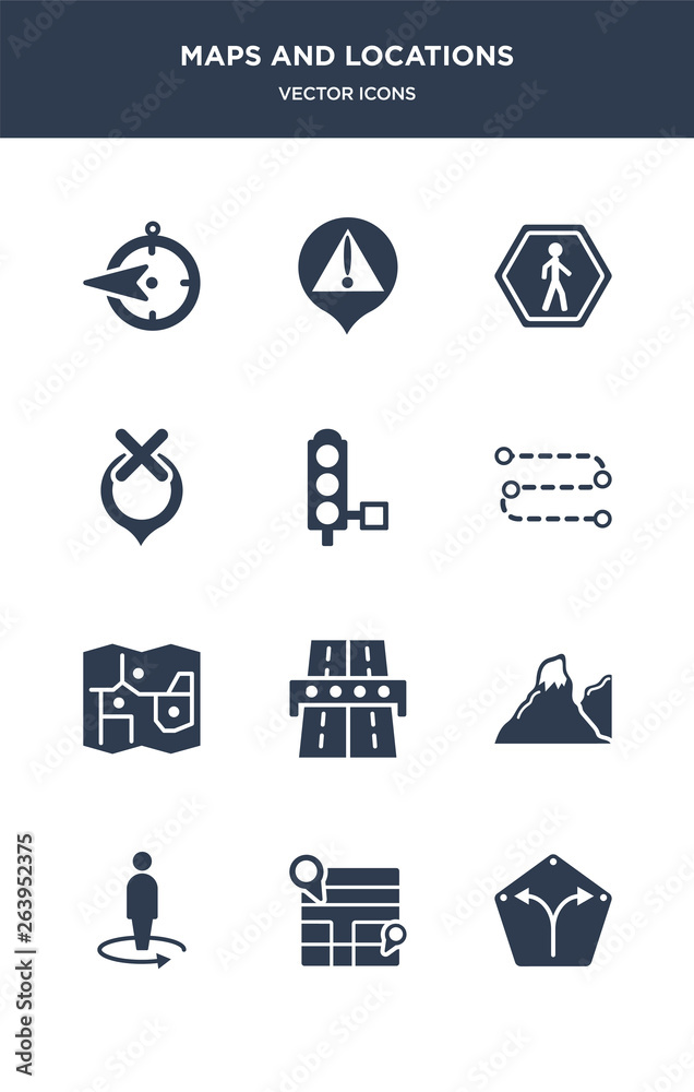 12 maps and locations vector icons such as straight, street map, street view, terrain, toll road contains touristic map, track, traffic lights, unavailable location, walking, warning icons