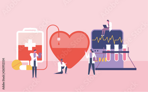 teamwork for blood donor concept vector illustration, people work for blood donation with pills, medicine, heart and tube, can be use for web, poster, banner