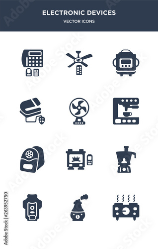 12 electronic devices vector icons such as hot plate, humidifier, garbage disposal, food processor, furnace contains electric pencil sharpener, espresso maker, electric fan, electric blanket,