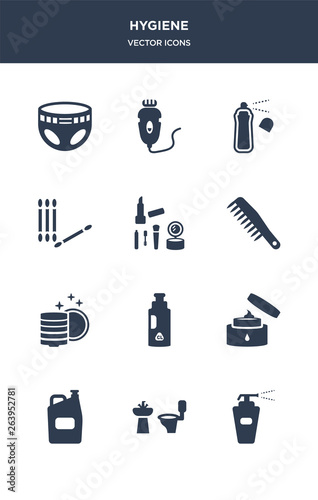 12 hygiene vector icons such as antiseptic, bathroom, bleach, body cream, chlorine contains clean dishes, comb, cosmetics, cotton swab, deodorant, depilator icons