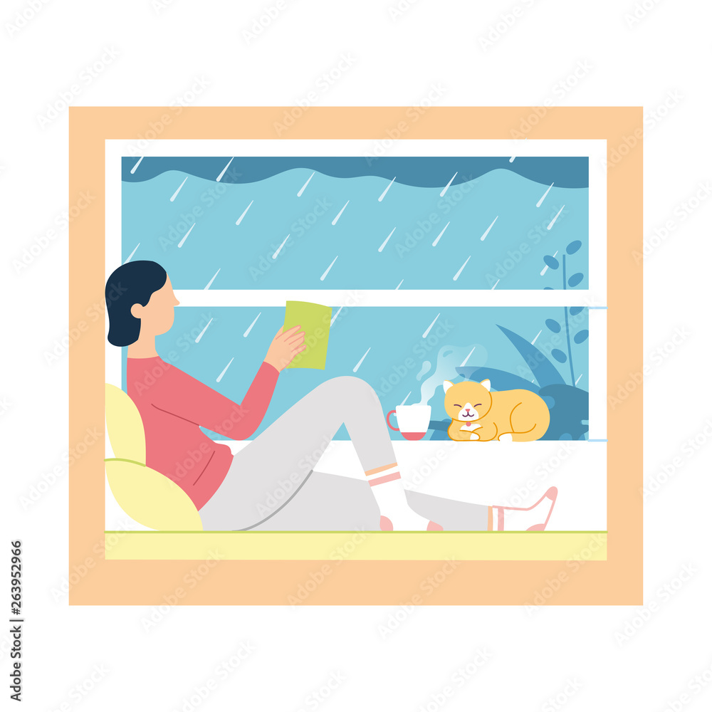 vector illustration of a girl read a book and drink tea/coffee near a window while rain outside. girl sitting near window with cat