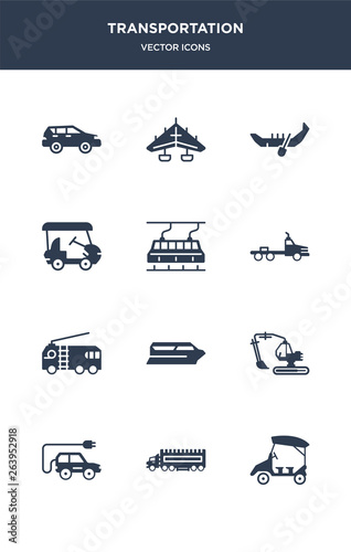 12 transportation vector icons such as eco-friendly transport, eighteen-wheeler, electric car, excavators, ferry boat contains fire truck, flatbed lorry, funicular railway, golf cart, gondola, hang