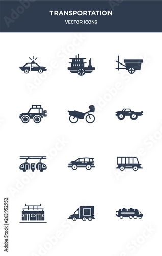 12 transportation vector icons such as litter car, lorry, metro, minibus, minivan contains monorail, monster truck, motorbike, off road, oxcart, paddlewheeler icons