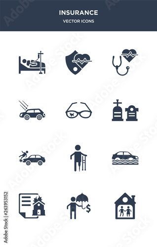 12 insurance vector icons such as family house, finances, fire insurance, flood risk, fracture contains frontal crash, funeral, glasses insurance, hail on the car, health heart icons