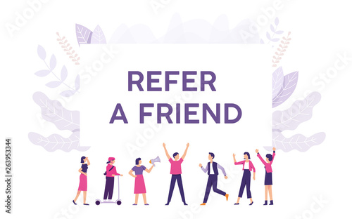 people holding Refer a friend word concept, a team work standing and looking into Refer a Friend sign, Refer a friend concept media for landing page, template, ui, web,