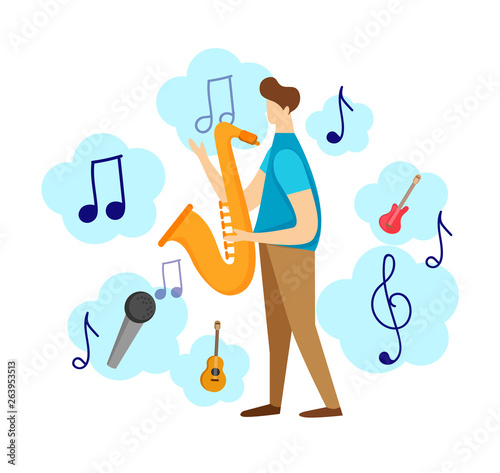 Modern Male Character Playing Jazz by Saxophone.