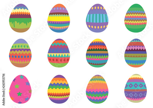 Set of 12 colourful Easter eggs on a white background