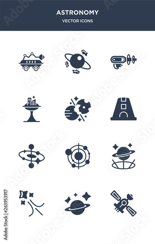 12 astronomy vector icons such as satellite, saturn, shooting star, simulator, solar system contains space, space capsule, space collision, colony, gun, junk icons