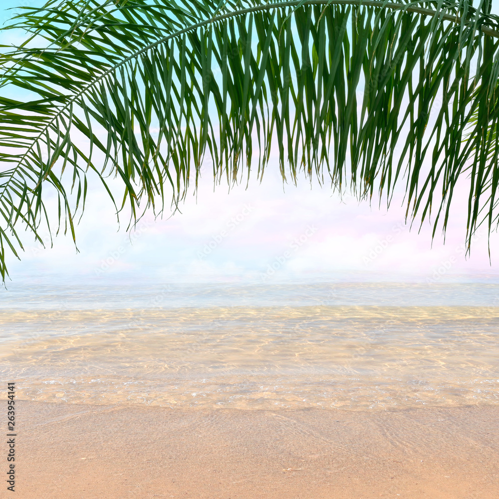 Fototapeta premium Blue sparkle sea. Beautiful tropical seaside view through the palm leaves 