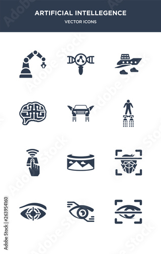 12 artificial intellegence vector icons such as eye scan, eye tap, eye tracking, face recognition, field of view contains finger control, flyboard, flying car, future brain, fyling vehicle, genetic