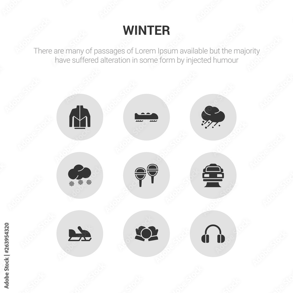 9 round vector icons such as earmuffs, snow ball, snowmobile, snowplow, snowshoes contains snowy, hail, bobsled, winter clothes. earmuffs, snow ball, icon3_, gray winter icons