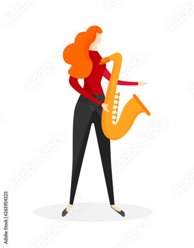 Young Female Character Playing Saxophone Music.